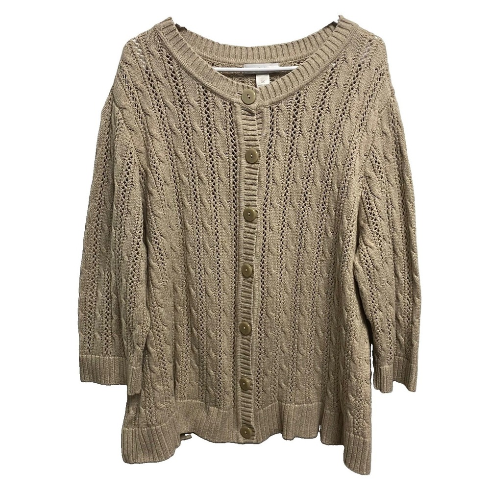 cj Banks Women Beige Cardigan Button Closure Long Sweater Stretch Plus 3 XL EUC